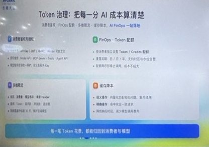 Token 治理のスライド。消費者の認証、FinOps、多段の流量制限、キャッシュの四枠
