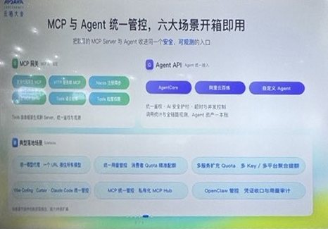 MCP と Agent の統一管理のスライド。MCP 网关と Agent API、下に典型的な利用場面