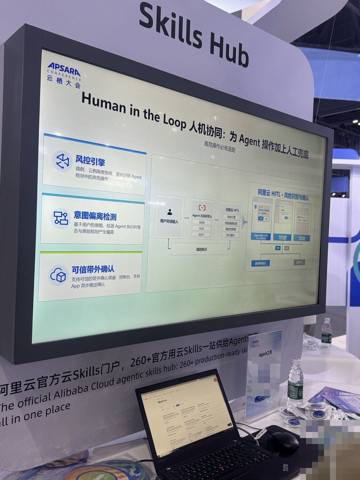 Skills Hub の展示。大型モニターに Human in the Loop の説明図、手前にノートPC